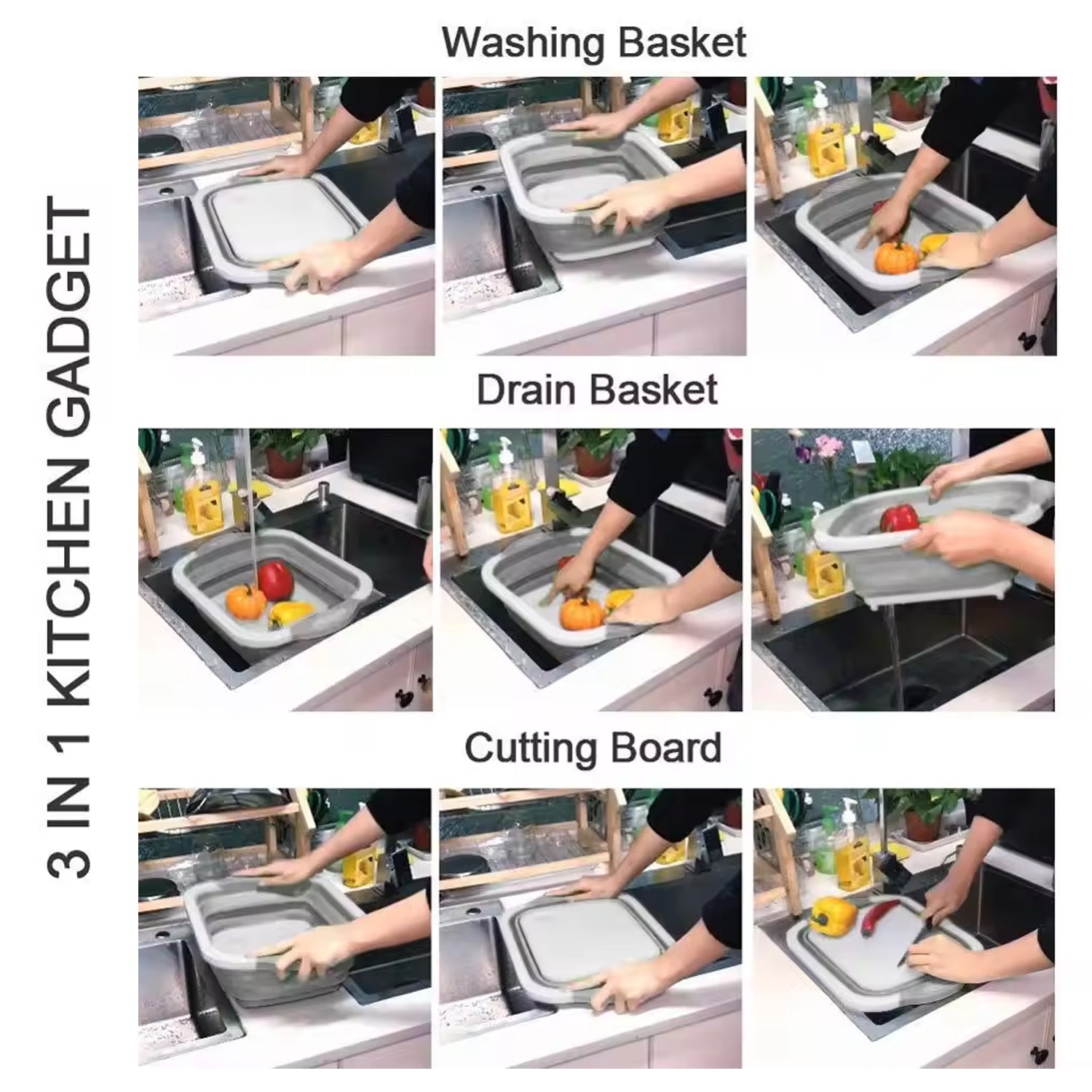 Cutting board with collapsible dish tub basket Cutting board with collapsible dish tub basket
